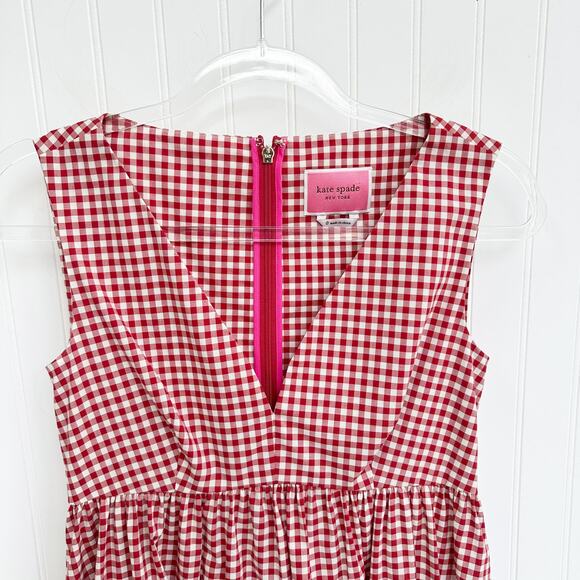 Kate Spade Red White Gingham Tiered Vineyard Summer Sundress V Neck Size 0 - Picture 6 of 11